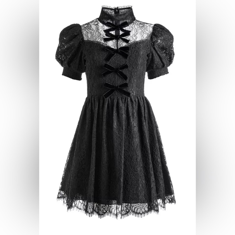 NWT Alice + Olivia Vernita Lace Puff Sleeve Velvet Bow Buttons Down Dress 2